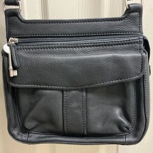 Vintage Fossil Black Leather Crossbody Organizer Bag